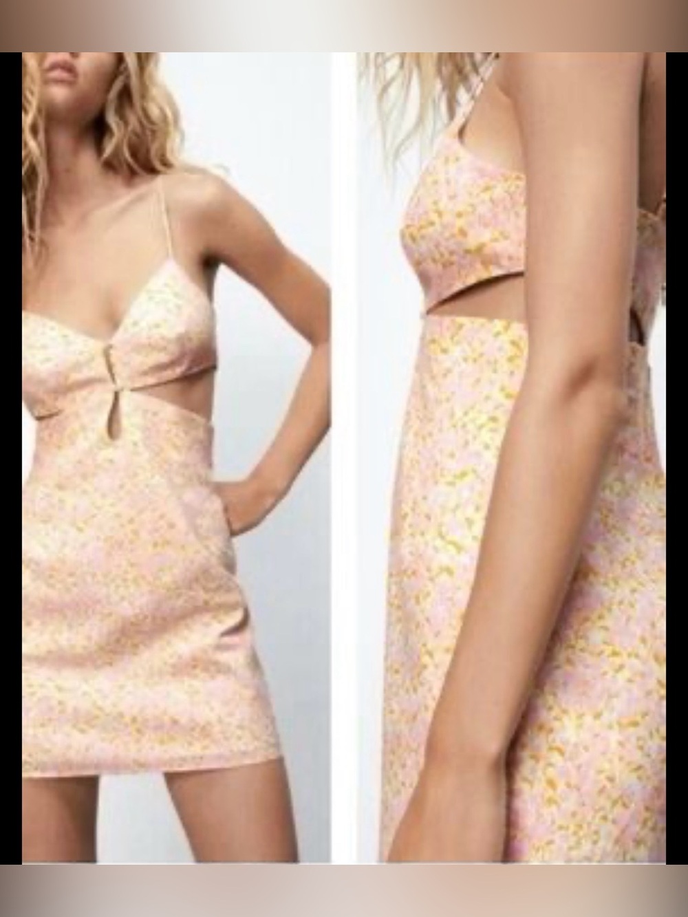 NWT ZARA Pink Floral Cutout Linen cotton Mini Dress with Spaghetti Straps  XL